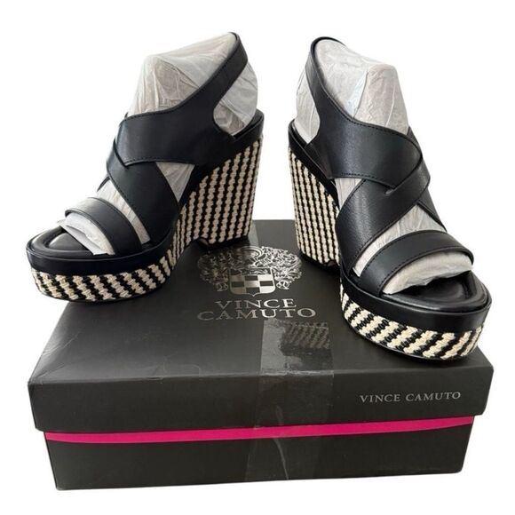 Vince Camuto Diliah Black Tweed Checkered Wedge Platform Sandals Size 9 New - Picture 10 of 12